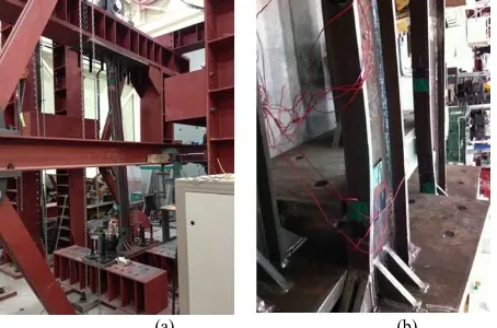 Fig. 7. Test view: (a) test set up; and (b) deformed shape of specimen 