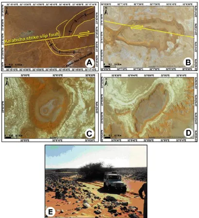 Fig. 8. Folds and desert eye structures.  (A) Anticline fold on the main Kalabsha strike slip active fault