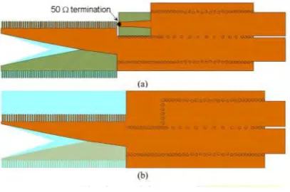 Figure 2.6: Antipodal Linearly tapered Slot Antenna with Substrate Integrated Waveguide Coupler: (a) Isolated coupler port terminated and (b) Shorted [10] 