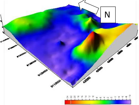 Fig. 5. Horizontal gradient of  the local component of CBA, color indicated the value of gradient scale in mgal/m, dash line in red  indicated the Opak Fault, dot line in red indicated the eastern fault which name by the  Oya Fault, dot line in red in the 
