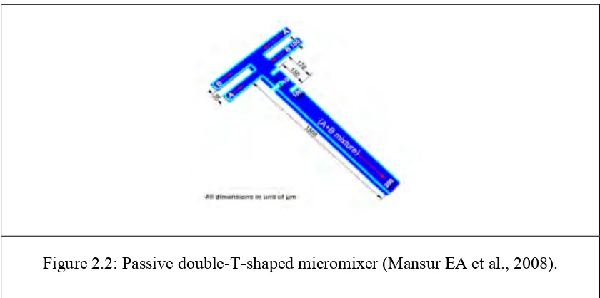 Figure 2.2: Passive double-T-shaped micromixer (Mansur EA et al., 2008). 