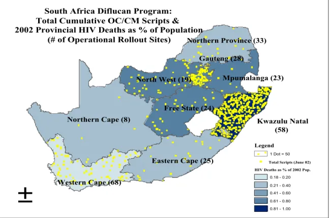 Figure 1.  South Africa map of the Diflucan Partnership Programme overlaid on the Provincial HIV deaths reported as a percentage of the 2002 population