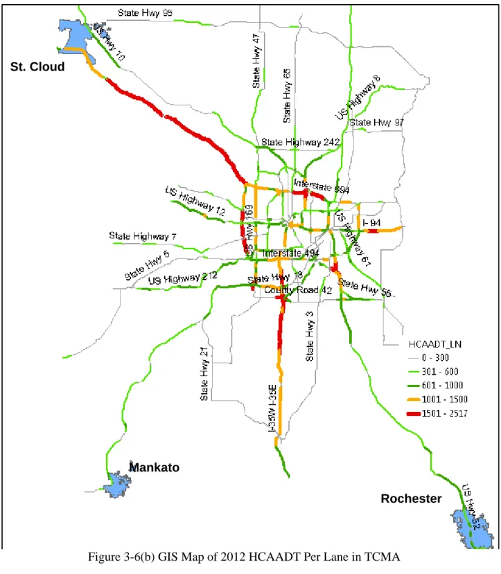 Figure 3-6(b) GIS Map of 2012 HCAADT Per Lane in TCMA St. Cloud