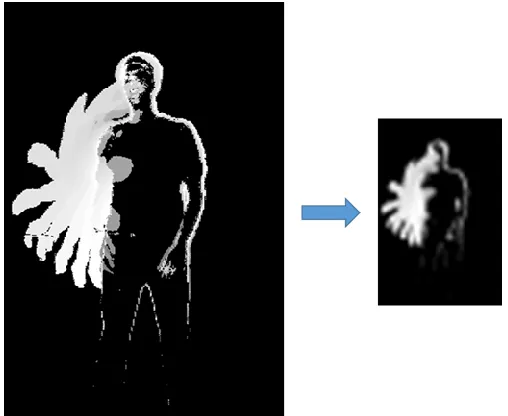 Fig. 4. Example of a Motion History Image in original size and reduced 
