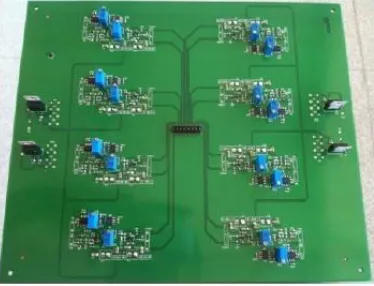 figure 5 for the discriminator circuit). The input voltage (Vin_disc) is compared to a constant threshold voltage (Vth), adjusted by the potentiometer R2