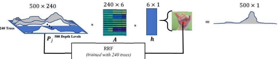 Figure 2: An illustration of the unary potential when T = 240, D = 500 and H = 6. This illustrates how A weighs the posteriorprobability, ��, from the trees using � to give a final probability distribution