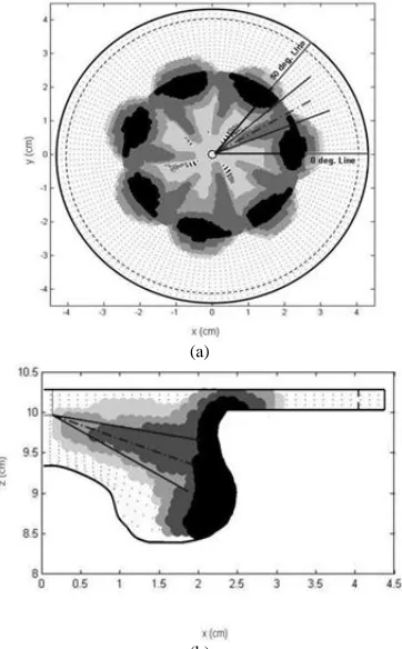 Fig. 2.  Half side and full top view of the in-cylinder volume for the selection of starting points in at 8° CA ATDC 