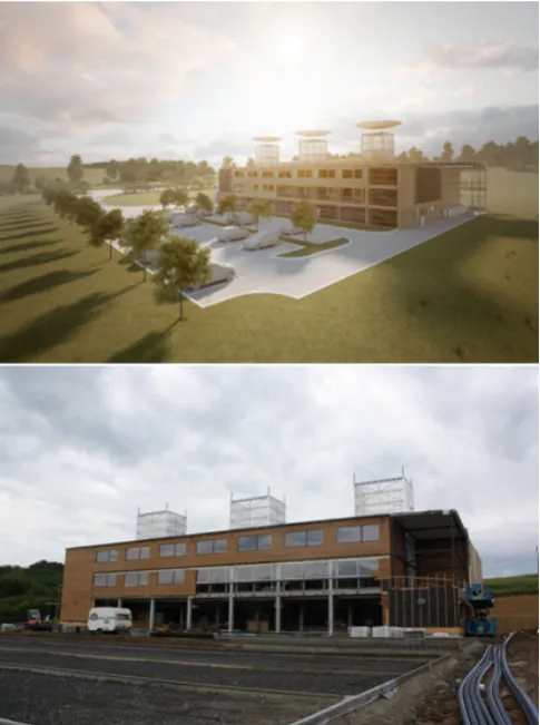 Fig. 1. Rendering form the northwest side of the plus-energy building model (above), the real building – under construction, release in August 2012 (below)