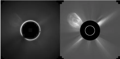 Fig. 1. Raw (by LASCO on 2004 April 1. The pre-processing includes median ﬁlter-left) and pre-processed image (right) of a CME observeding, background subtraction and occulter masking.