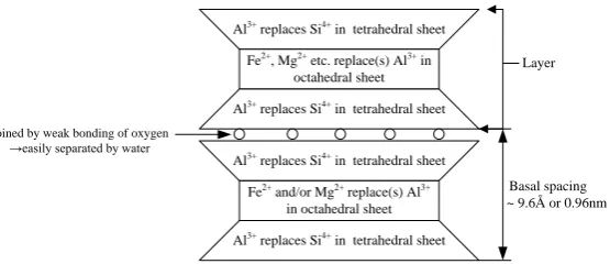 Figure 1:  Schematic diagram of smectite (montmorillonite) crystals (Sivakugan, 2001)