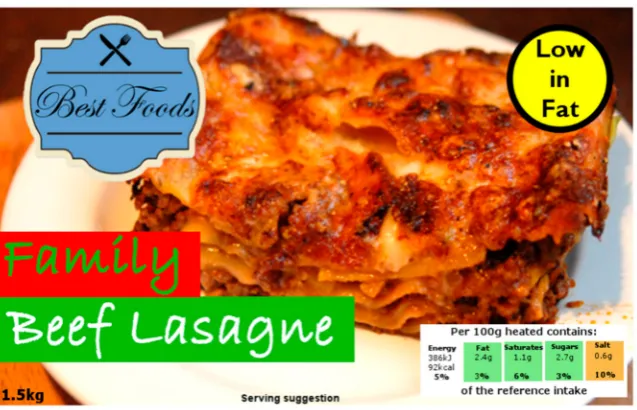 Figure 1. Example of food packaging with claims used in survey. Lasagne photograph from LeonWilson (https://www.ﬂickr.com/photos/chop/973369384)—CC BY 2.0 (https://creativecommons.org/licenses/by/2.0/)