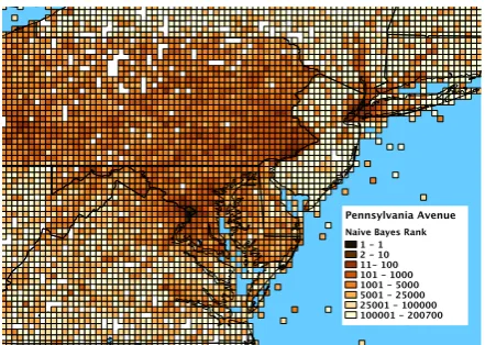 Figure 1: Relative Naive Bayes rank of cells forENWIKI13 test document Pennsylvania Avenue(Washington, DC), surrounding the true location.