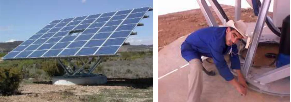 Fig. 1. (Left) dual axis sun tracking Mecasolar MS-2 TRACKER 10+. (Right) Sun tracking MS-2 TRACKER 10+ under installation in Batna, Algeria