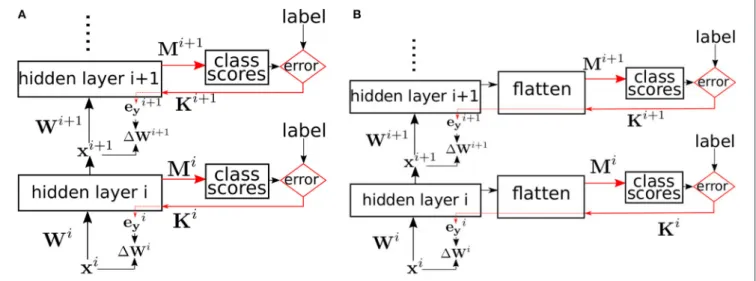 FIGURE 1 | (A) Supervised learning in a multi-layer network using local errors. Biases are omitted for clarity