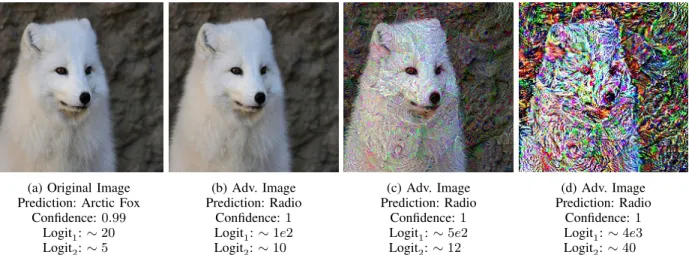 Fig. 2: (a) Original image, predicted as arctic fox with 0.99 confidence. (b)-(c)-(d) Over-optimized adversarial examples which are predicted with the same confidence but with vastly different logit values by ResNet-50