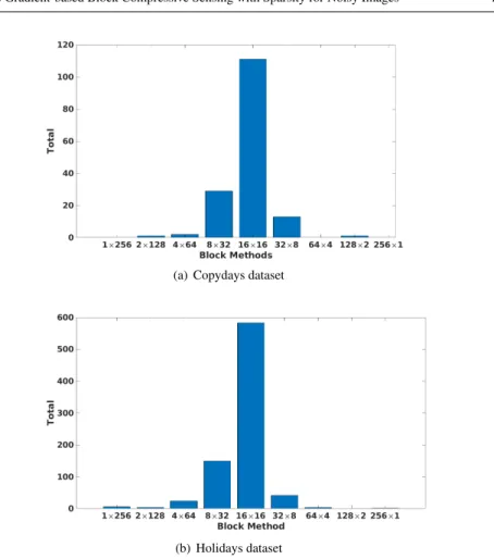 Fig. 3 The number of images that each block shape is best in the (a) INRIA and (b) Holidays datasets.