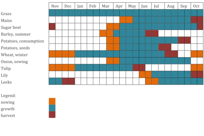 Table	1:	Crop	calendar	for	open	cultures	in	which	the	growth	season	takes	place.	Crop	development	(green)	 begins	 after	 preparatory	 work	 has	 taken	 place	 (plowing	 and	 seeding)	 indicated	 with	 orange.	 For	 winter	 wheat	and	tulip,	an	extra	long	p