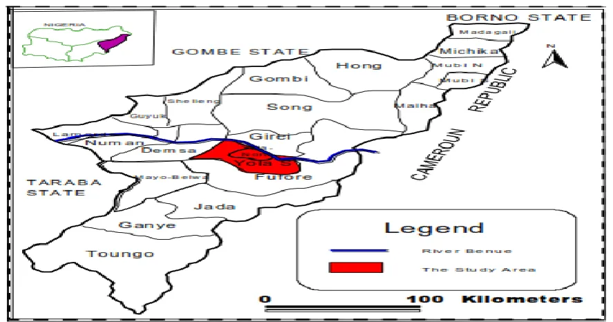 Figure 1: Map of Adamawa State showing Yola the study area  