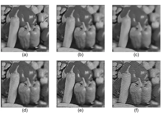 Figure  3:  (a)–(b):  Original  peppers  image  and  its  blurred-and-noisy  version,  respectively