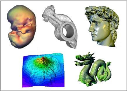 Figure 1.1: Examples of geometric models used for various applicationsExamples of geometric models used for various applications – including: scientiﬁc visualization (isosurface