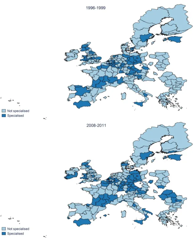 Figure 2: Regions specialised in KETs: 1996-1999 and 2008-2011 