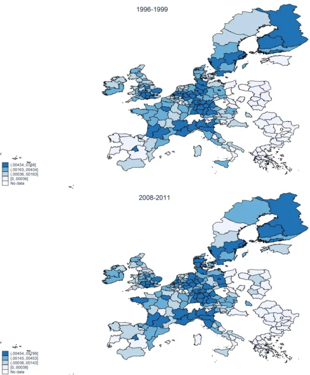 Figure 3 shows the maps of the indicator of absolute advantage in FGTs (quartiles) in the  first (1996-1999) and last period (2008-2011)