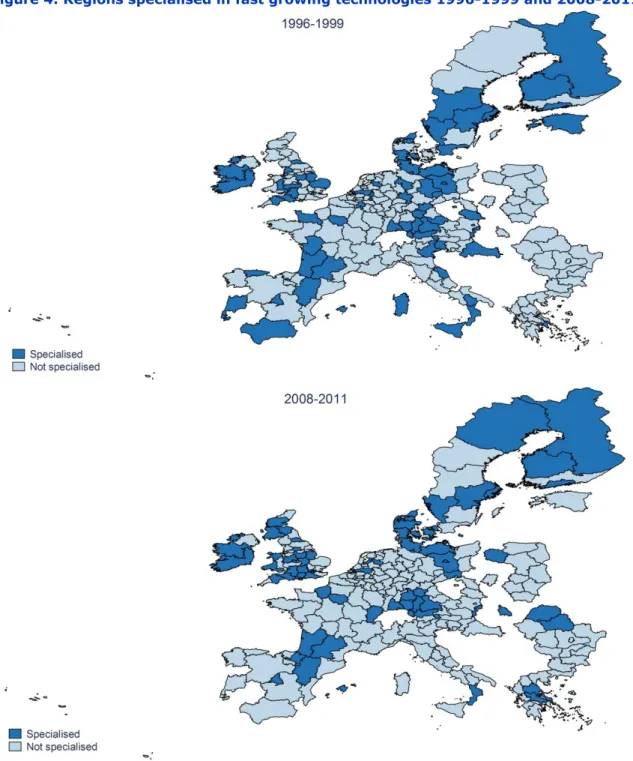 Figure 4 shows the regions specialised in FGTs (with RTA&gt;1) in 1996-99 and 2008-11