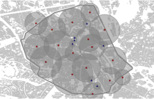 Fig. 3. Map of the city of Ghent with the active LTE base stations for the third case supporting MIMO