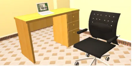 Figure 1: Generated scene for “There is a roomwith a chair and a computer.” Note that the systeminfers the presence of a desk and that the computershould be supported by the desk.