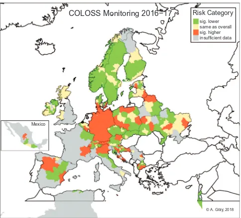 Figure 1.Color-coded map showing relative risk of overwinter colony loss at regional level for participating countries.Notes: Regions with a relative risk of loss (loss rate relative to the loss rate over all regions) that is signiﬁcantly higher/lower than