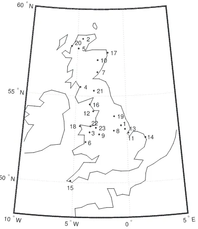 FIGURE 1Locations of the 23 weather stations supplying data to the Met Office Integrated Data Archive System considered in this study.Measurements of hourly mean wind speed measured at 10m above ground covering years from 2002 to 2007 are used