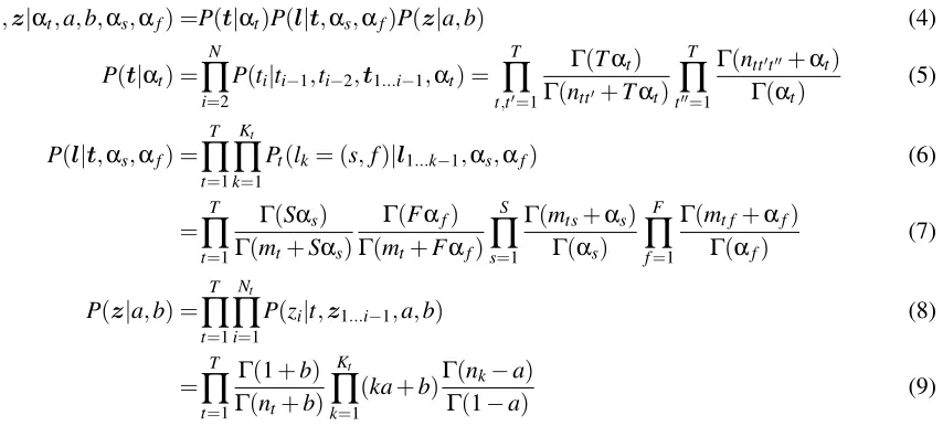 Figure 3: The posterior distribution of our joint model. Because the sequence of words wrefer to token counts,is deterministic givenanalyses l and assignments to analyses (tables) z , the joint posterior over all variables( P w, t , l , z | α,t, a, b α,s α