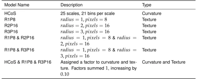 Table 4.2. Models used in the experiments including curvature, variants of texture model, and combination of both