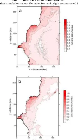 Figure 3 Results of the ocean model meteotsunamisimulation: (a) maximal sea level heights and(b)  maximal ocean currents 