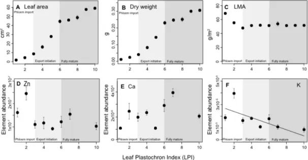 Figure 2.6. Leaf growth parameters and changes in element abundance (i.e., ppm  element/ppm dry mass) in relation to leaf development and the transition from phloem  importing (a) to phloem exporting (c) (b denoted the LPI during the transition from phloem