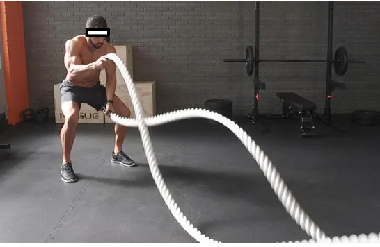 Figure 1: Double whip motion. The starting position of the double whip exercise (with the ropes in a downward position) followed by the participant whipping the rope up, and then downward back to the final position, representing one complete cycle
