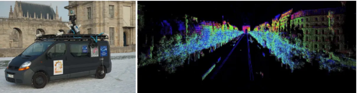 Figure 1.1 e STEREOPOLIS II mobile mapping system by IGN (left) and a 3D point cloud acquired by the two upper RIEGL LiDAR devices (height coloured)