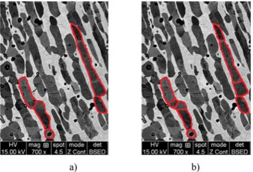 Fig. 2. Difference between SEM and optical imaging technologies in terms of grainboundary visibility and noise where a) is a cluster of alpha grains in an SEM images andb) is a similar cluster in an optical image.