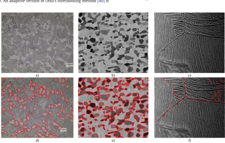 Fig. 8. Segmentation examples of SEM images where a), b) and c) are the original images and d), e) and f) are their respective segmentations