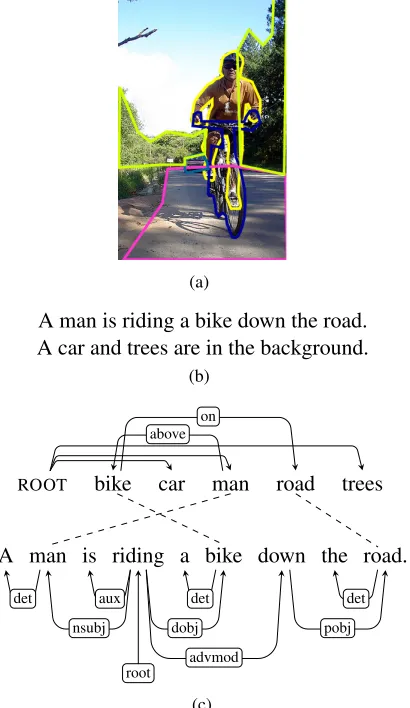 Figure 1: (a) Image with regions marked up: BIKEscription; (c) visual dependency representation express-ing the relationships between, CAR,MAN, ROAD, TREES; (b) human-generated image de- MAN, BIKE, and ROADaligned to the syntactic dependency parse of the ﬁrst sen-tence in the human-generated description (b).