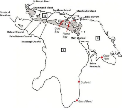 Figure 1.1: Lake Huron, basins are as follows: (i) Main Basin, (ii) Georgian Bay, (iii) North Channel
