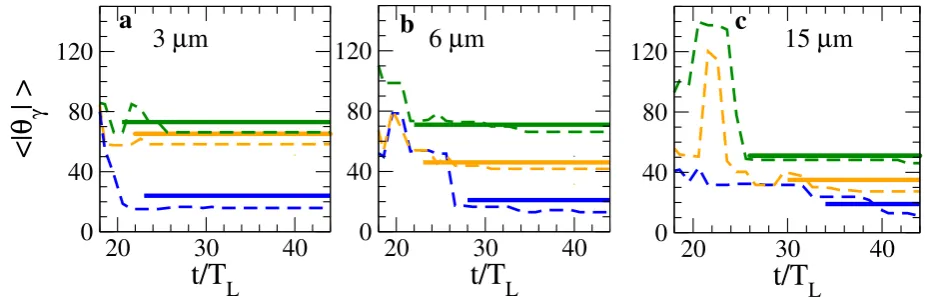 Figure 7. Results of theoretical predictions and numerical simulations. Average angle of the synchrotron Wdashed lines correspond to the analytical estimates of radiation 〈|θγ|〉 as a function of time, for different values of (Wλ),0L 