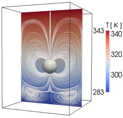 Fig. 4 Snapshot of flow pattern and temperature field in a plane parallel to the direction of migra-tion at instant t '10