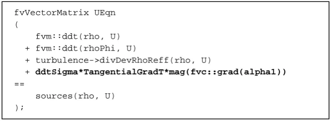 Fig. 1 Snippet of code from the UEqn.H file. The line highlighted in boldface represents the stresses due to the thermocapillary effect, where efficient ddtSigma represents the interfacial tension co-T, TangentialGradT is the projection T�of the temperature gradient (imple-mented in the code as gradT – (gradT & nMoll)*nMoll where gradT is the tem-perature gradient and nMoll corresponds to nmol ) and the last term is the magnitude of the gradient of the volume fraction || 
