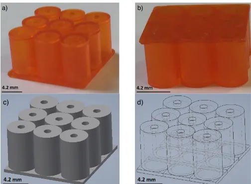 Fig. 1 Front view (a) and bottom view (b) of the small-scale acoustic metamaterials based on a 3´3 array of Helmholtz resonators