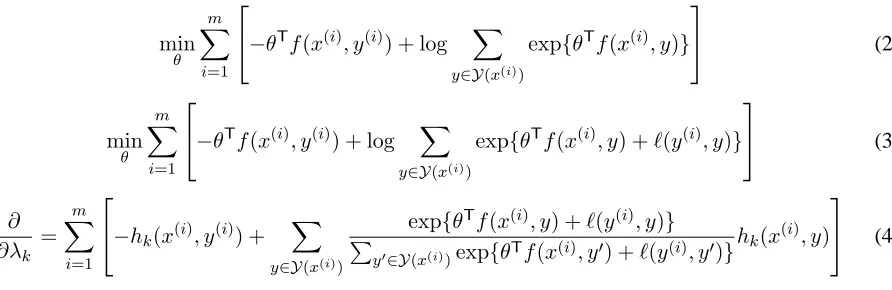 Figure 1: Conditional log-likelihood (Eq. 2), Softmax-margin objective (Eq. 3) and gradient (Eq