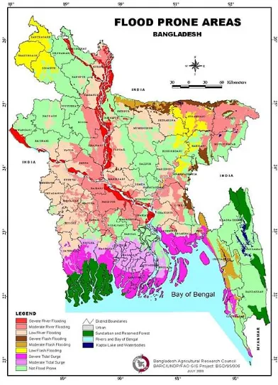 Fig. 1. Map of Flood Prone Areas in Bangladesh (Source: Bangladesh Agricultural Research Council (BARC)/GIS Project, BGD/95/006) 