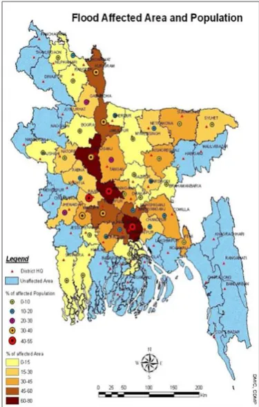 Fig. 8. Map of flood affected area and population Source: Disaster Management Information Center, CDMP) 