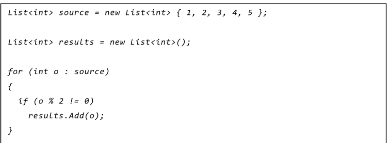Figure 5.1 shows how we may, using imperative code, iterate through a collection of integers, collecting only the odd  numbers
