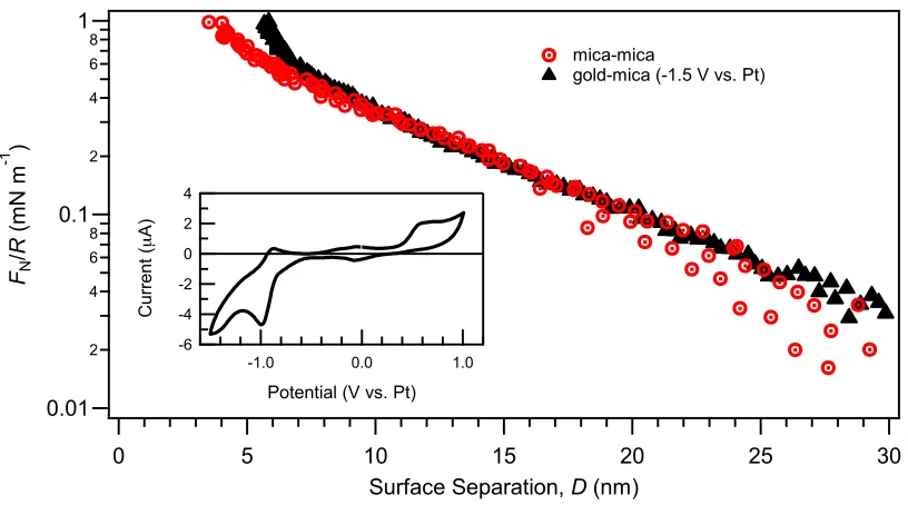 FIG. 2. Measured forces (normalised by radius of curvature, R) as a function of surface separation,
